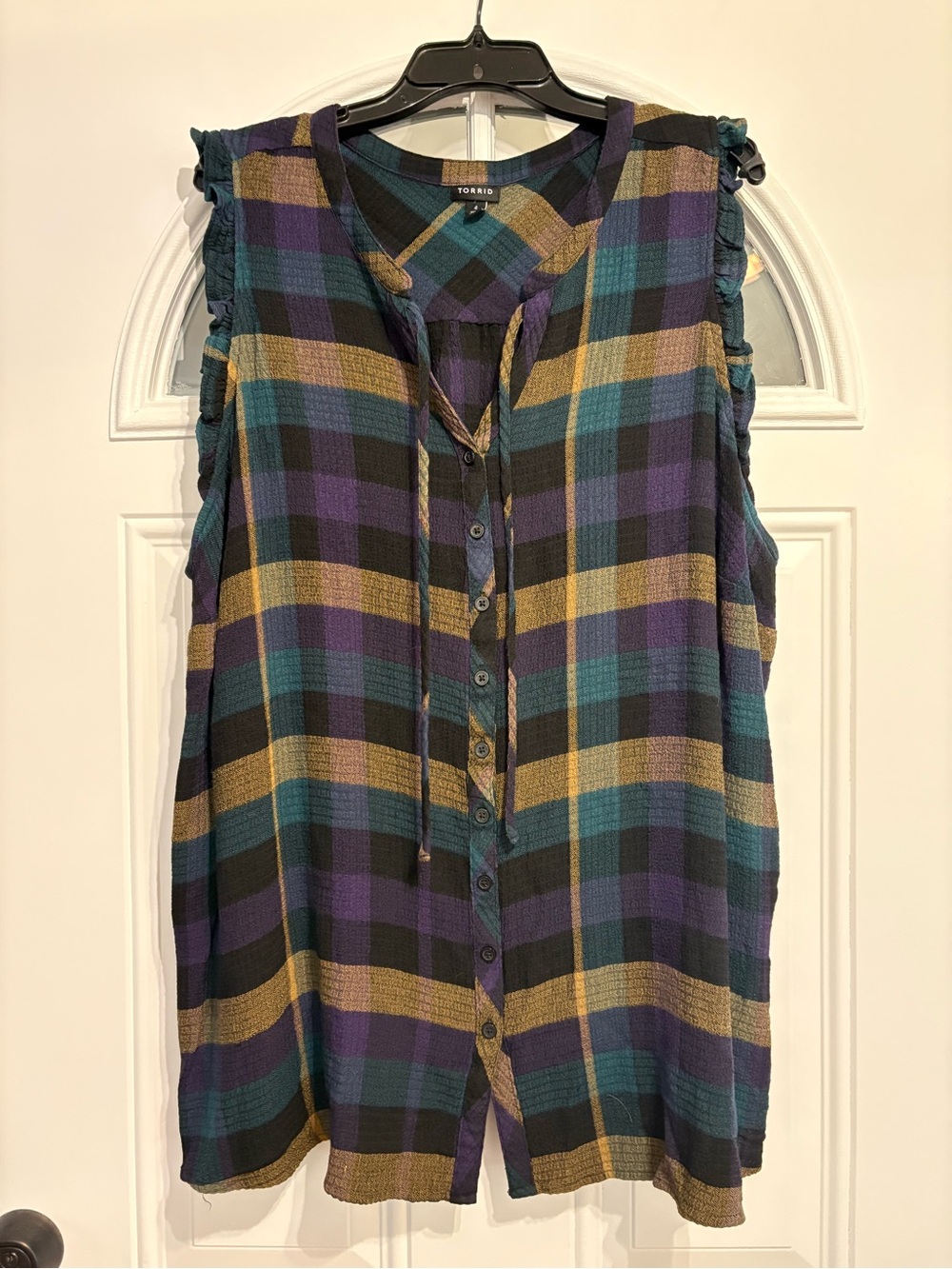 torrid Plaid Sleeveless Button-Front Tunic in Teal, Purple & Mustard